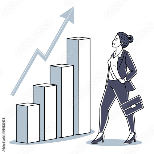 A woman in business attire looks at a rising bar graph