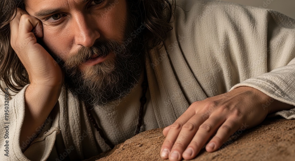 Obraz premium A close up portrait of a bearded man in traditional robes resting his hand upon the dusty ground