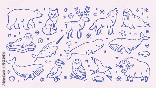 Arctic animals doodle collection with hand drawn outline style. polar bear, arctic fox, reindeer, walrus, narwhal, whale, puffin. Cute winter wildlife elements for nature illustrations.