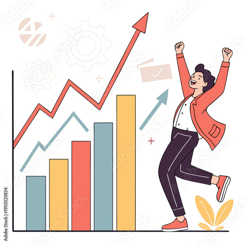 A woman celebrating in front of a graph with an upward trend