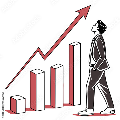 A man in a business suit looking up at a rising graph