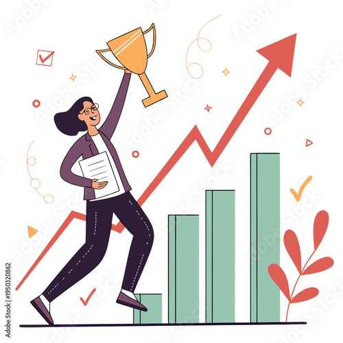 Woman holding trophy and paper in front of graph