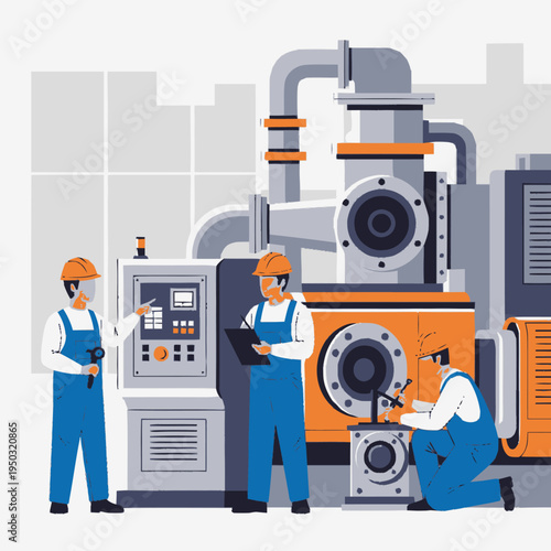 Industrial workers operating heavy machinery.