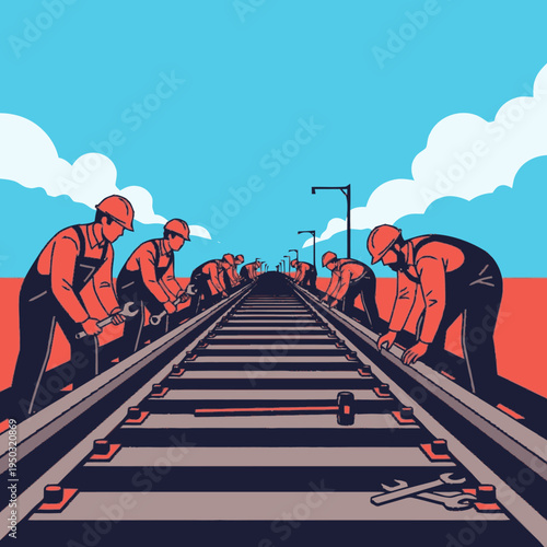 Workers repairing train tracks on a sunny day.