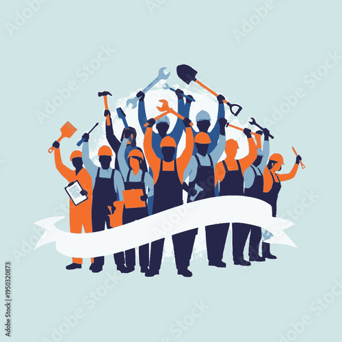 Workers with tools standing together united.