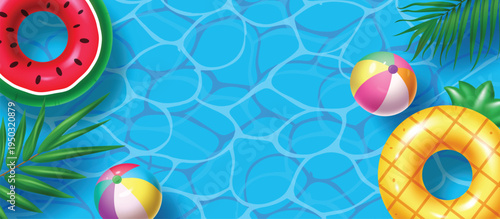 Summer Pool Background with Fruit Inflatables and Beach Balls on Blue Water Surface