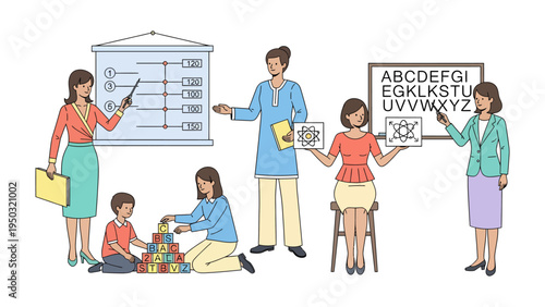 Teachers Guiding Education: Diverse educators engage in various teaching methods, from presentations to hands-on activities, fostering knowledge and growth.