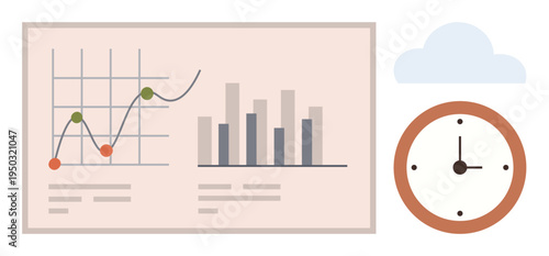 Data analysis, time tracking, performance metrics, business planning, productivity, reporting. Line graph, bar chart clock and cloud element. Data analysis and time tracking highlight concepts
