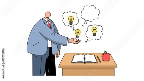 Idea and Education: A thoughtful individual in a structured setting, surrounded by the symbol of innovative concepts, like bright ideas, while also with note book, pen and fruit symbolizes knowledge.