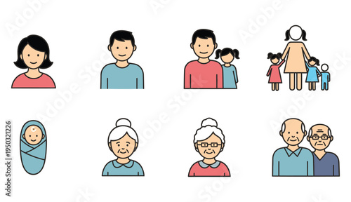 Family icon set. parents, mother, father, children, baby, grandparents .You can easily change the color