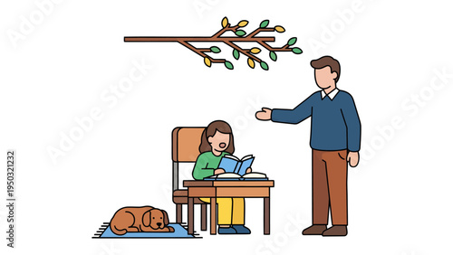 Knowledge Sharing: A heartwarming illustration shows a father figure imparting wisdom to a diligent young girl as she reads a book. A loyal canine friend adds warmth.