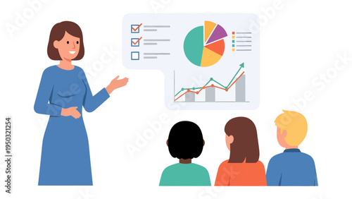 Data Presentation: A professional woman passionately presents data visualization charts to a receptive audience, showcasing information and engaging visual clarity.