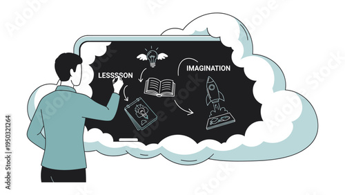 Knowledge Unveiled: A thoughtful educator, standing before a blackboard, uses a pen to unravel lessons and spark imagination, fostering the growth of ideas.
