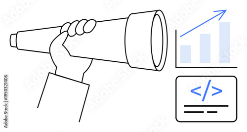 Business strategy, digital growth, coding development, data visualization, technology innovation, future planning. Hand holding telescope, bar graph and coding symbol. Business strategy and digital