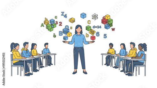 Knowledge in Motion: In an elementary school classroom, a teacher stands at the center, juggling symbols of education, engaging her diverse group of students with an innovative approach. 