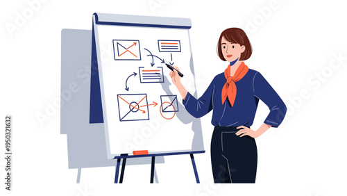 Business Presentation: A confident woman delivers a business presentation, meticulously illustrating concepts on a flip chart, showcasing her expertise and vision.