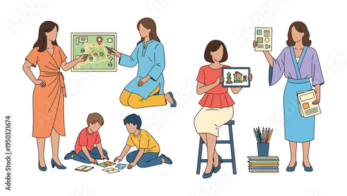 Education Moments: Depicting a series of educational vignettes, this image portrays educators engaging with children through various teaching methods, including map analysis, art exploration.