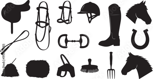 Black vector silhouettes of horses in various gallop, jumping, and dressage poses for equestrian sport illustration sets