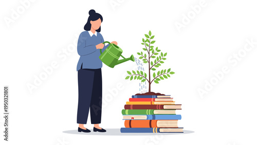 Nurturing Knowledge: A thoughtful individual cultivates growth and learning, watering a young tree planted atop a stack of knowledge, symbolizing the nurturing of wisdom and intellectual development.