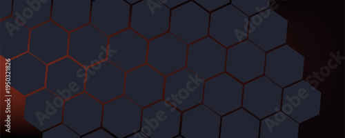Dark gray and red horizontal hexagonal technology abstract vector background. Red bright energy flashes under the hexagon in a wide banner of futuristic modern technology. vector