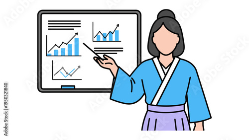 Business Presentation: An illustration of a businessperson presenting a chart or graph with a pointer, suitable for use in business and financial topics.