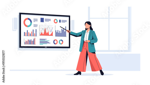 Data Analysis: A woman confidently presents data visualization on a large screen, explaining complex information in a clear and engaging manner.