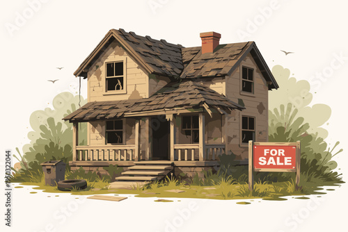 Dilapidated Abandoned House with For Sale Sign, Neglected Run-down Two-Story Home with Broken Windows and Damaged Roof, Fixer Upper Real Estate Investment Property, Flat Vector Illustration Art