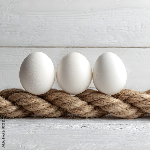 A minimalist composition of three eggs placed in a row on a thick rustic rope on a white wooden floor. - Image #1 @Ai content creator