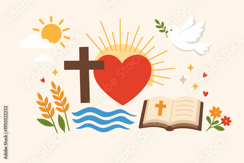 Christian Faith Symbols Vector Illustration with Cross, Heart, Dove of Peace, Holy Bible, Wheat, and Water. God is Love Concept for Church, Religion, and Spiritual Design. Flat Style Graphics.