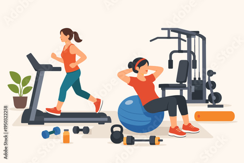 Two Women Exercising in a Home Gym with a Treadmill and Fitness Ball; Flat Vector Illustration of a Healthy Lifestyle with Workout Equipment like Dumbbells, Kettlebell, and Weight Machine.