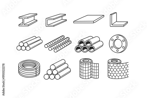 Set of Iron and Steel Product Outline Icons Featuring Hot Rolled Steel Metal Beams, Rods, Armature, Pipes, Tubes, I-Beams, Channels, Angles, Plates, Rebar, Flanges, Wire Coils, and Industrial Mesh