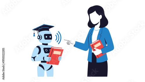 AI Education and Guidance: A visionary scene showcasing a robot with a graduation cap receiving guidance, with a person pointing to the book representing knowledge.