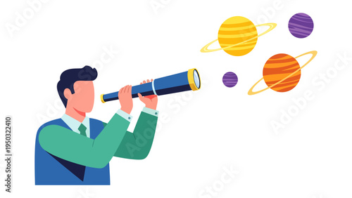 Visionary Vantage Point: An individual gazes through a telescope, peering into the cosmos with planets aligned, representing discovery, exploration, and the pursuit of knowledge.