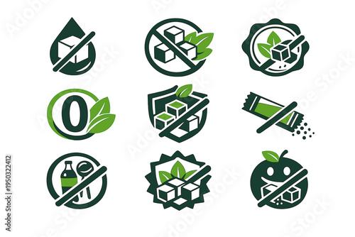 Sugar Free Icon Set with Zero Sugar Badges and Stickers for Healthy Food Labeling. Collection of Natural Sweetener Symbols, Stevia Leaves, and Diabetic Friendly Product Tags in Flat Vector Graphics.