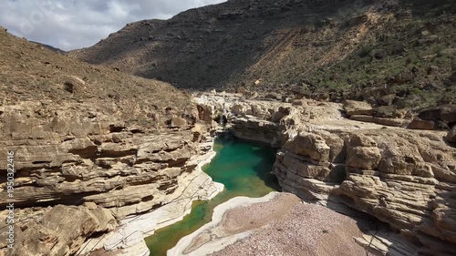 Turquoise oasis pool in rocky desert canyon