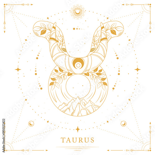 Modern magic witchcraft card with astrology Taurus zodiac sign on space background. Line art vector illustration