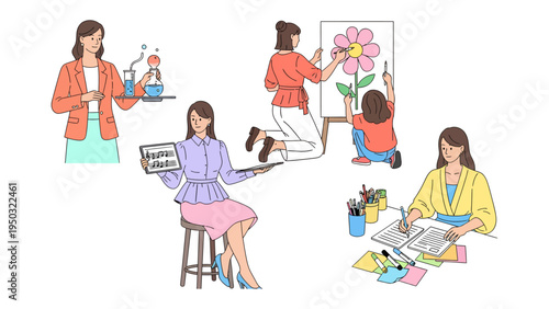 Diverse Roles of a Woman: An illustration showcasing a woman engaged in various activities, each role highlighting her versatile skills and contributions in different fields.