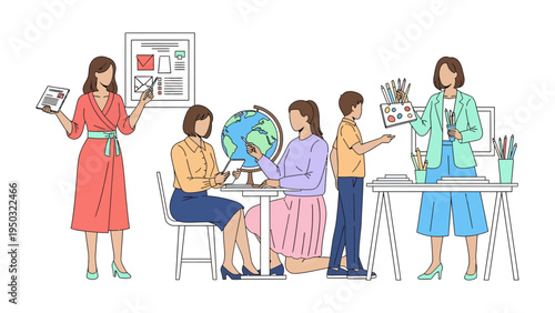 School Study Time: A teacher interacts with students to learn about a geography lesson and drawing materials. 