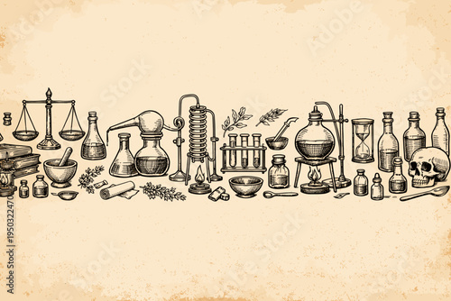 Vintage Apothecary and Alchemy Laboratory Glassware Background with Hand Drawn Vector Illustration of Ancient Chemistry Equipment, Medicine Bottles, Skull, Scales, and Herbs on Aged Paper Texture