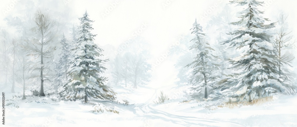 Fototapeta premium Tranquil Winter Forest Watercolor. watercolor winter snowfall pine tree land colorful