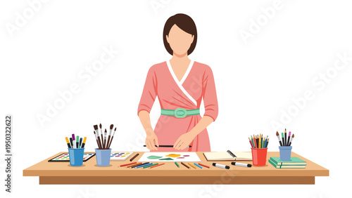 Creative Atelier: An artist meticulously works at a desk, surrounded by tools of creativity, poised to bring their vision to life with precision and passion. 