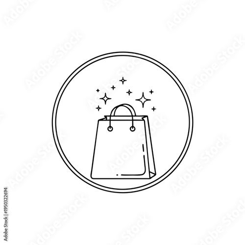 A stylish shopping bag surrounded by sparkles within a circle.