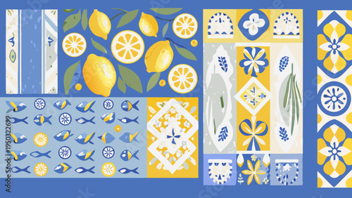 A colorful patterned collage featuring lemons fish and floral motifs