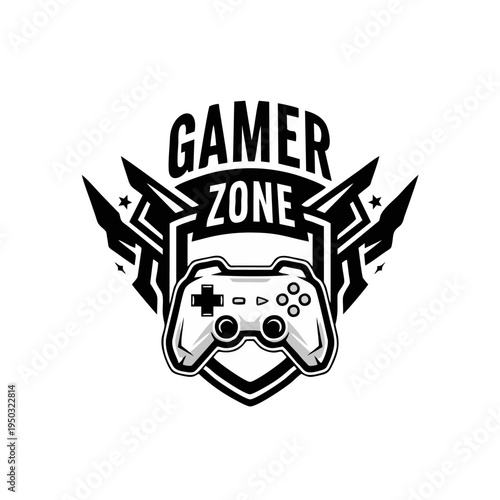 A graphic illustration of a gaming controller surrounded by wings and text