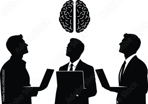 Silhouettes of Three Businessmen Looking Up at a Brain Symbol team