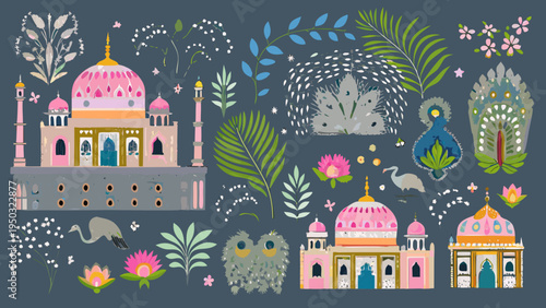 Whimsical illustration of indian architecture plants and animal motifs
