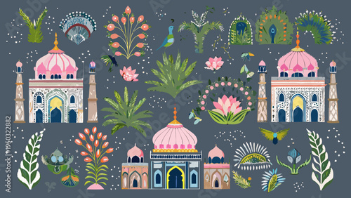 A vibrant colorful illustration of indian palaces flowers and peacocks