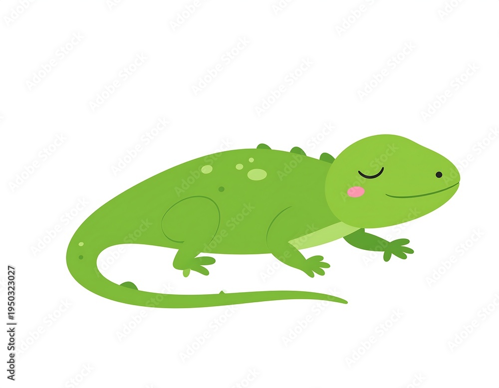Fototapeta premium Cartoon-style green lizard with spots, pink cheeks, closed eyes, and a curled tail, on a plain white background