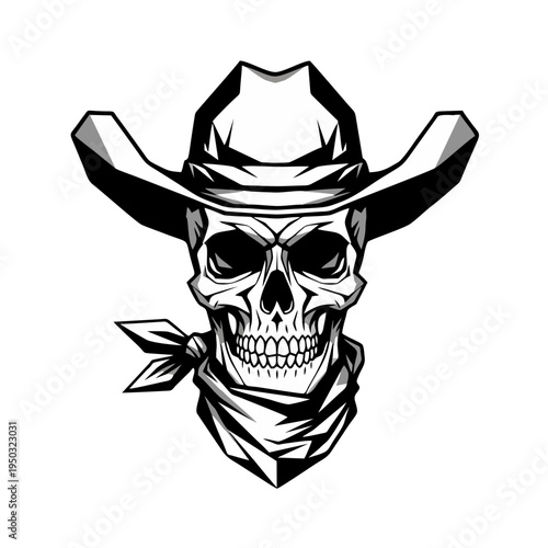 A cowboy skull wearing a hat and bandana smiles menacingly.