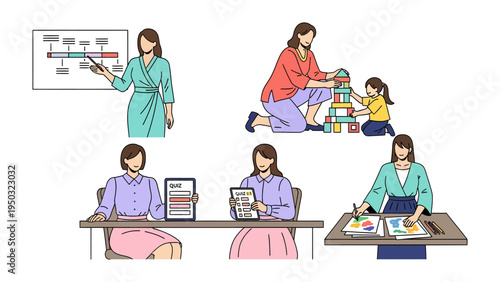 Multifaceted Woman in Varied Roles: A composite illustration capturing a woman in multiple roles and responsibilities. Presenting a timeline, nurturing a child, examining documents.